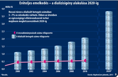 Világszerte rendszeres dialízisre szoruló betegek száma az előrejelzések szerint a 2011-ben rögzített több mint 2 milliós számról 2020-ra mintegy 3 800 000-re emelkedik.